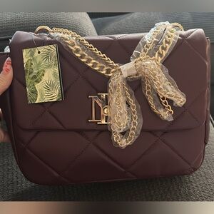Badgley Mischka Quilted Shoulder Bag in Plum with Gold Chain